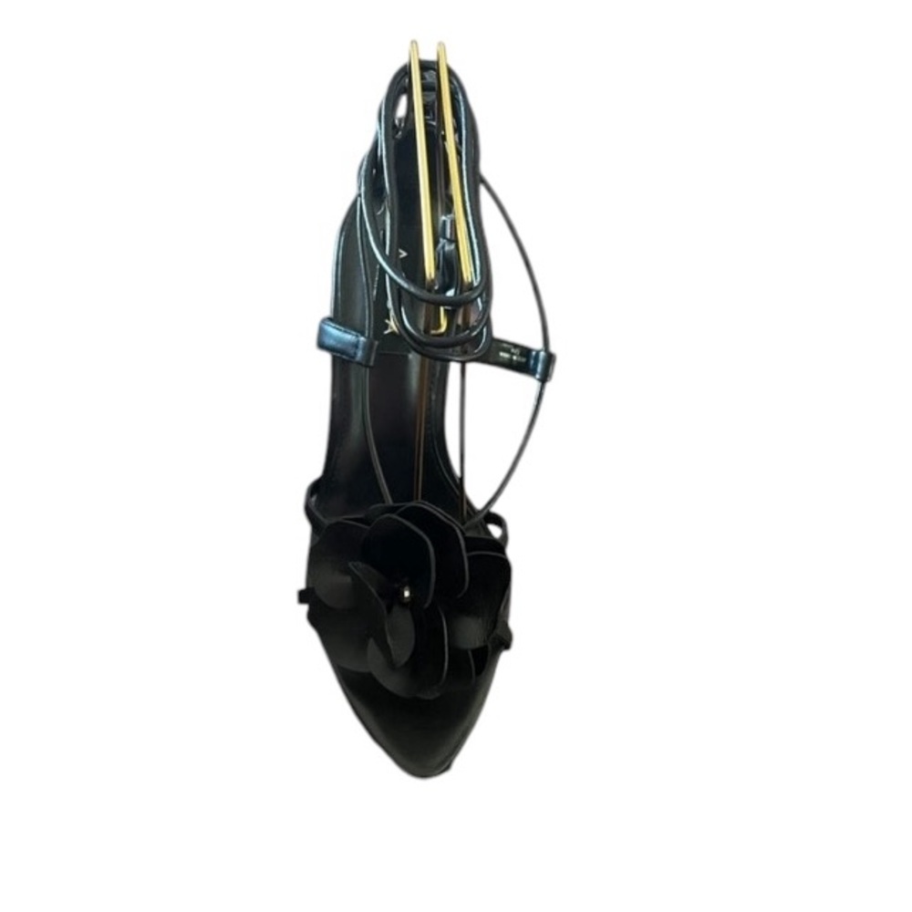 Aqua Flower Black Leather Ankle Tie High Stiletto Heel Sandals Open Toe NEW 7.5 - Picture 3 of 7